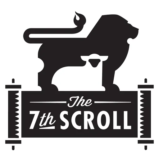 The 7th Scroll official logo of a lion, lamb, and open scroll outlined in white border